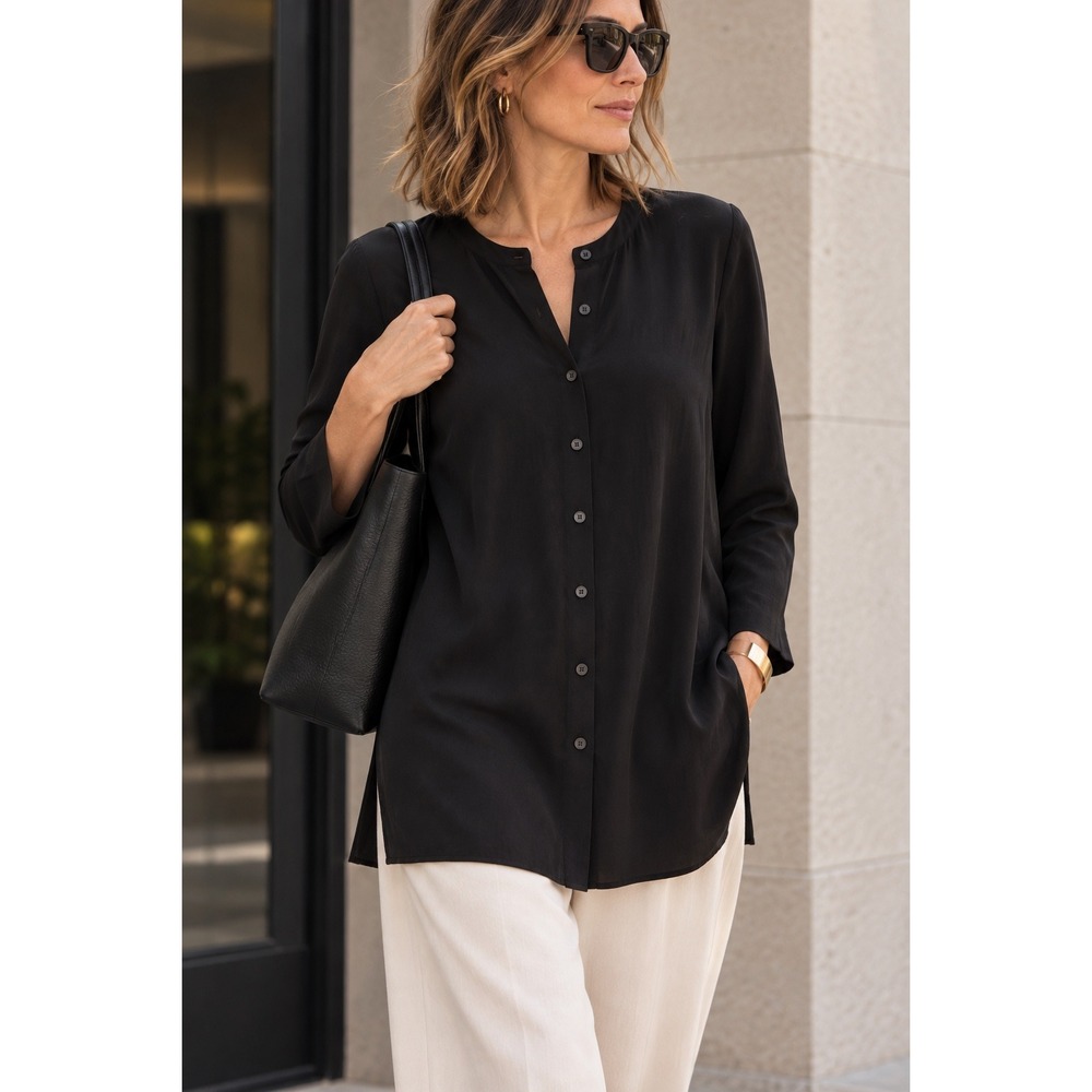 Eileen Fisher 100% Silk Crepe Button Front Tunic Blouse Black S